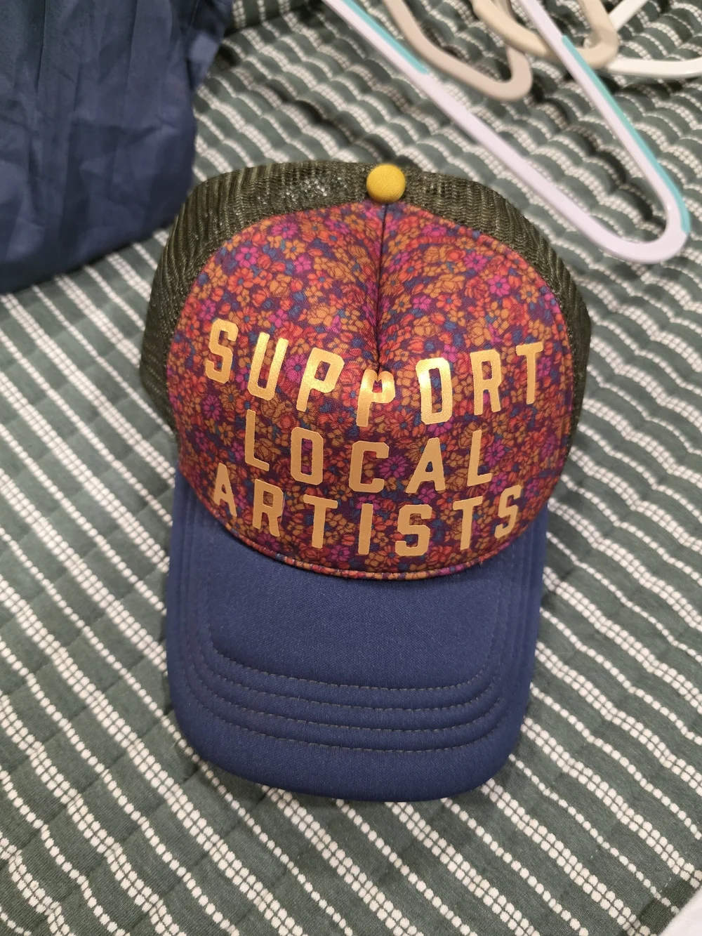 NATURAL LIFE Floral Mesh Trucker Hat with Blue Brim and Olive Back